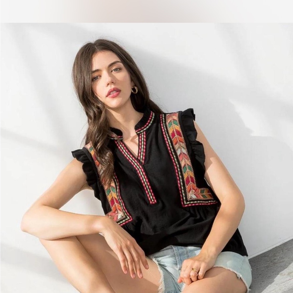 Boho Black Embroidered Sleeveless Blouse